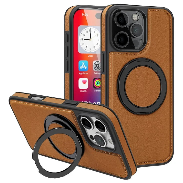 For iPhone 16 Pro Magnetic Case Rotate Ring Kickstand PU Leather+PC+TPU Back Cover