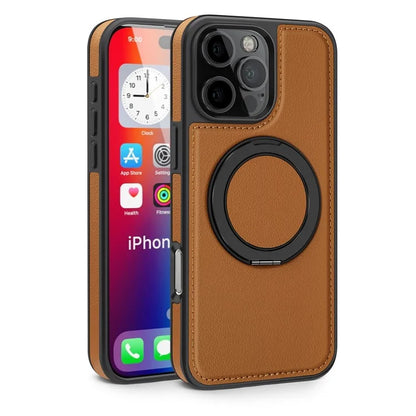 For iPhone 16 Pro Magnetic Case Rotate Ring Kickstand PU Leather+PC+TPU Back Cover
