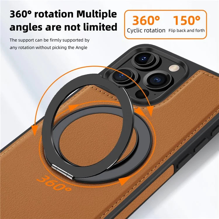 For iPhone 16 Pro Magnetic Case Rotate Ring Kickstand PU Leather+PC+TPU Back Cover