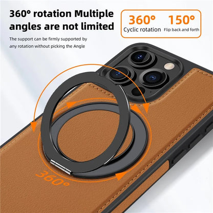 For iPhone 16 Pro Magnetic Case Rotate Ring Kickstand PU Leather+PC+TPU Back Cover