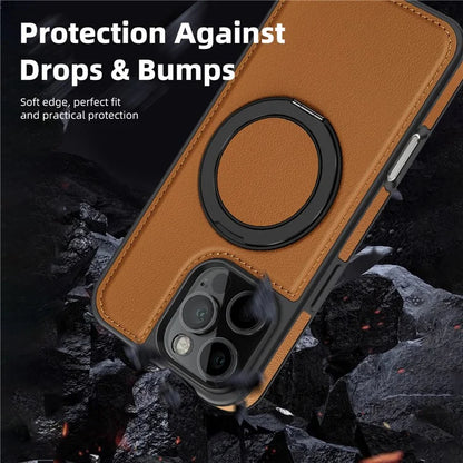 For iPhone 16 Pro Magnetic Case Rotate Ring Kickstand PU Leather+PC+TPU Back Cover