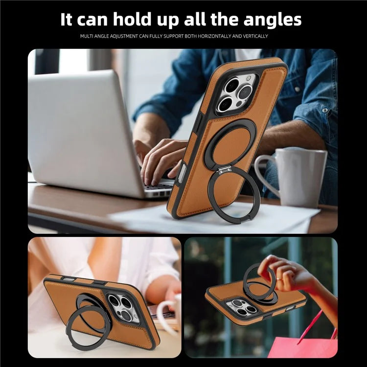 For iPhone 16 Pro Magnetic Case Rotate Ring Kickstand PU Leather+PC+TPU Back Cover