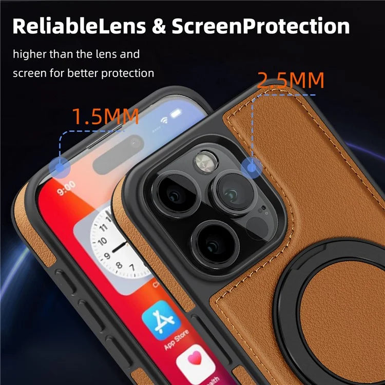 For iPhone 16 Pro Magnetic Case Rotate Ring Kickstand PU Leather+PC+TPU Back Cover