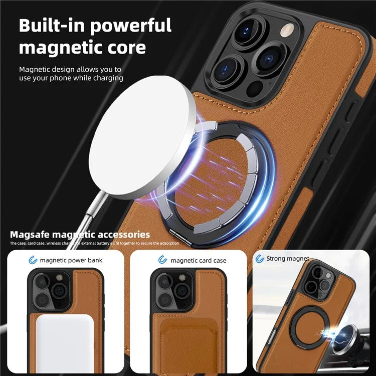 For iPhone 16 Pro Magnetic Case Rotate Ring Kickstand PU Leather+PC+TPU Back Cover