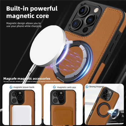 For iPhone 16 Pro Magnetic Case Rotate Ring Kickstand PU Leather+PC+TPU Back Cover