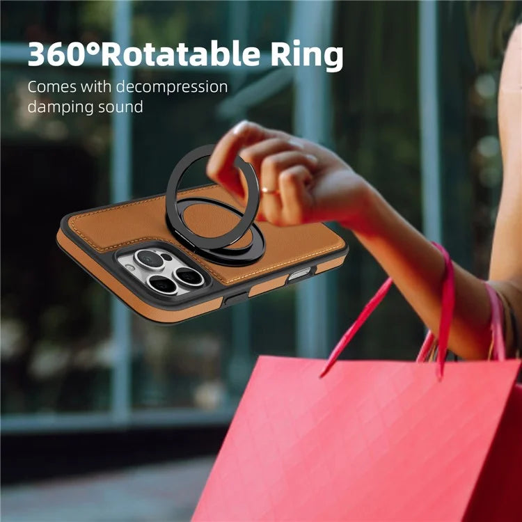 For iPhone 16 Pro Magnetic Case Rotate Ring Kickstand PU Leather+PC+TPU Back Cover