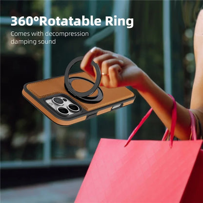 For iPhone 16 Pro Magnetic Case Rotate Ring Kickstand PU Leather+PC+TPU Back Cover