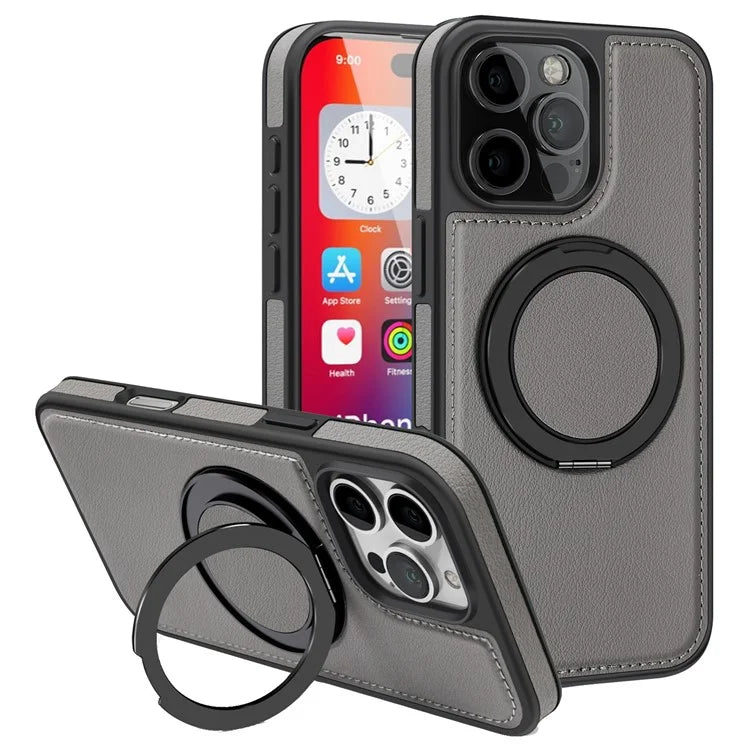 For iPhone 16 Pro Magnetic Case Rotate Ring Kickstand PU Leather+PC+TPU Back Cover