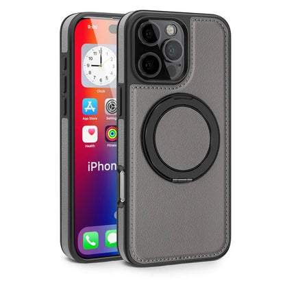 For iPhone 16 Pro Magnetic Case Rotate Ring Kickstand PU Leather+PC+TPU Back Cover