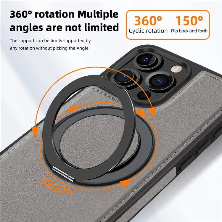 For iPhone 16 Pro Magnetic Case Rotate Ring Kickstand PU Leather+PC+TPU Back Cover