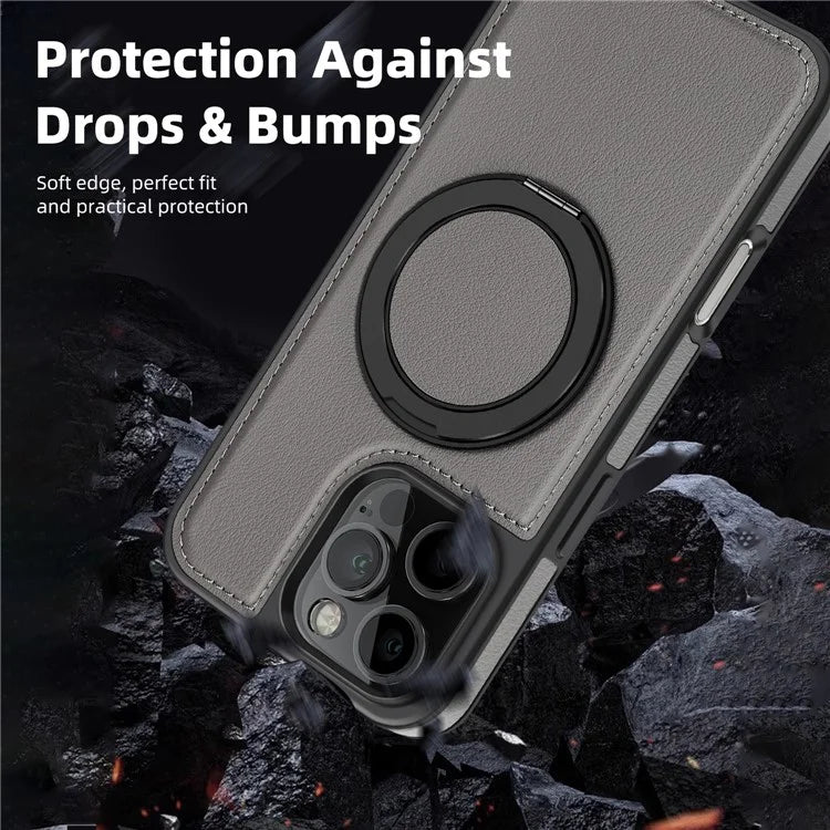 For iPhone 16 Pro Magnetic Case Rotate Ring Kickstand PU Leather+PC+TPU Back Cover