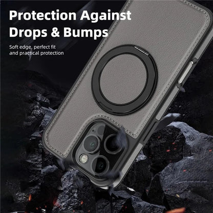 For iPhone 16 Pro Magnetic Case Rotate Ring Kickstand PU Leather+PC+TPU Back Cover