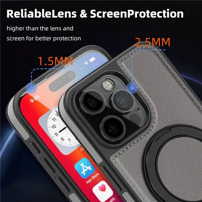 For iPhone 16 Pro Magnetic Case Rotate Ring Kickstand PU Leather+PC+TPU Back Cover