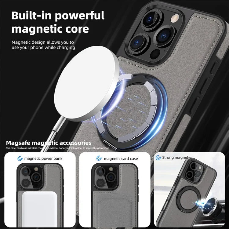 For iPhone 16 Pro Magnetic Case Rotate Ring Kickstand PU Leather+PC+TPU Back Cover