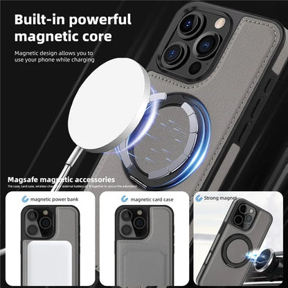 For iPhone 16 Pro Magnetic Case Rotate Ring Kickstand PU Leather+PC+TPU Back Cover