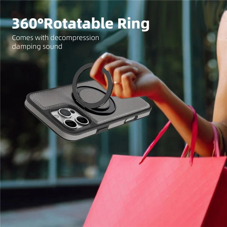 For iPhone 16 Pro Magnetic Case Rotate Ring Kickstand PU Leather+PC+TPU Back Cover