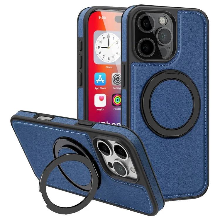 For iPhone 16 Pro Magnetic Case Rotate Ring Kickstand PU Leather+PC+TPU Back Cover