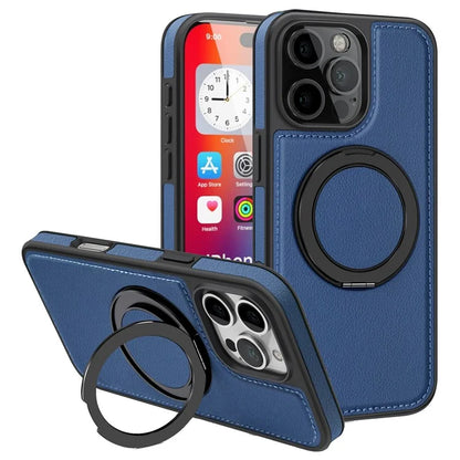 For iPhone 16 Pro Magnetic Case Rotate Ring Kickstand PU Leather+PC+TPU Back Cover