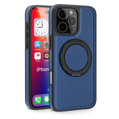For iPhone 16 Pro Magnetic Case Rotate Ring Kickstand PU Leather+PC+TPU Back Cover