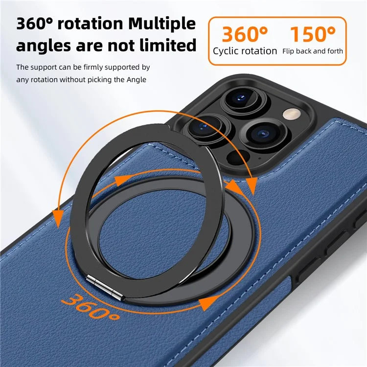 For iPhone 16 Pro Magnetic Case Rotate Ring Kickstand PU Leather+PC+TPU Back Cover