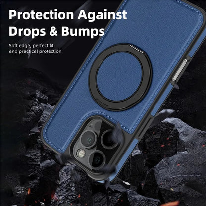 For iPhone 16 Pro Magnetic Case Rotate Ring Kickstand PU Leather+PC+TPU Back Cover