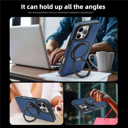 For iPhone 16 Pro Magnetic Case Rotate Ring Kickstand PU Leather+PC+TPU Back Cover