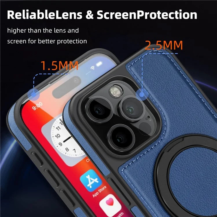 For iPhone 16 Pro Magnetic Case Rotate Ring Kickstand PU Leather+PC+TPU Back Cover