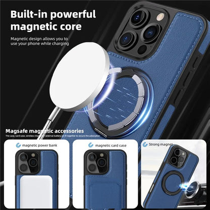 For iPhone 16 Pro Magnetic Case Rotate Ring Kickstand PU Leather+PC+TPU Back Cover