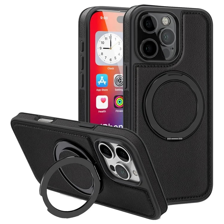 For iPhone 16 Pro Magnetic Case Rotate Ring Kickstand PU Leather+PC+TPU Back Cover