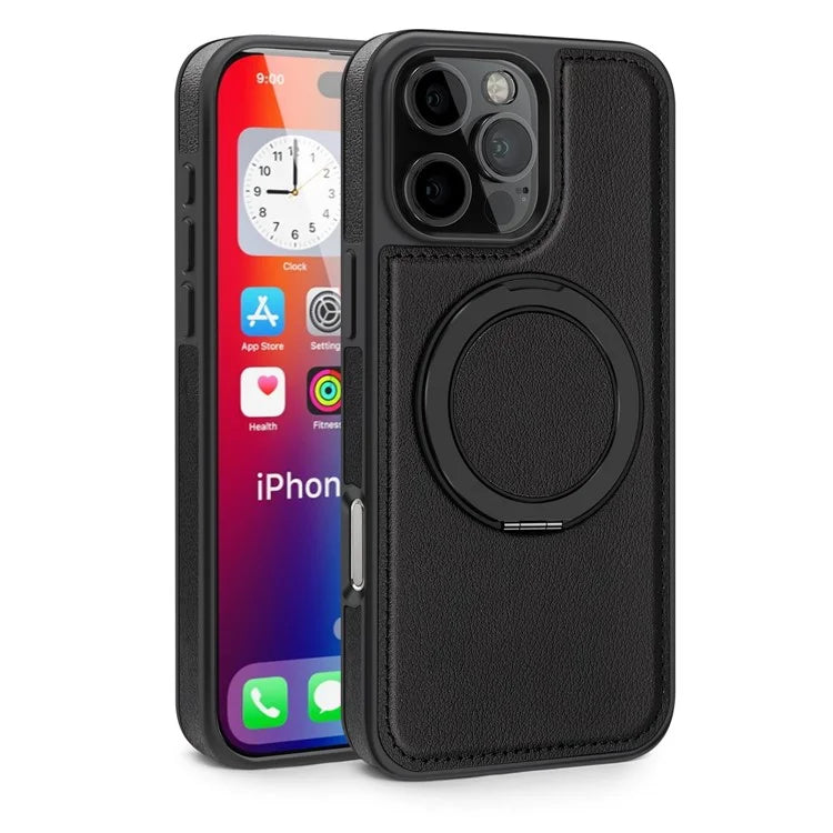 For iPhone 16 Pro Magnetic Case Rotate Ring Kickstand PU Leather+PC+TPU Back Cover