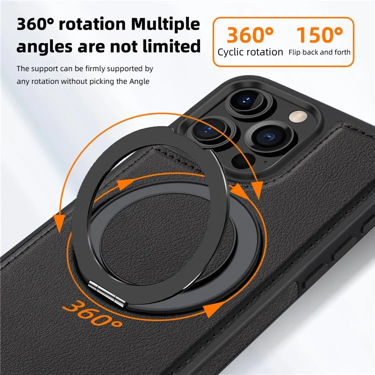 For iPhone 16 Pro Magnetic Case Rotate Ring Kickstand PU Leather+PC+TPU Back Cover