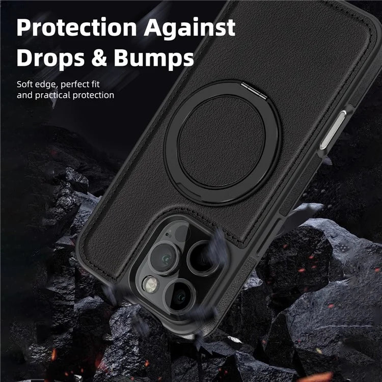 For iPhone 16 Pro Magnetic Case Rotate Ring Kickstand PU Leather+PC+TPU Back Cover