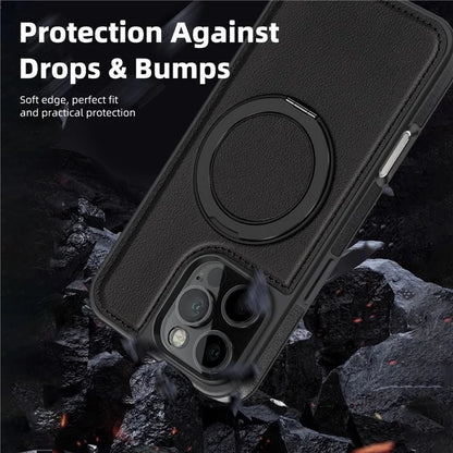 For iPhone 16 Pro Magnetic Case Rotate Ring Kickstand PU Leather+PC+TPU Back Cover