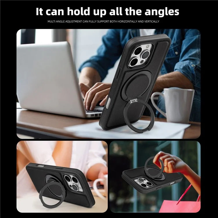 For iPhone 16 Pro Magnetic Case Rotate Ring Kickstand PU Leather+PC+TPU Back Cover
