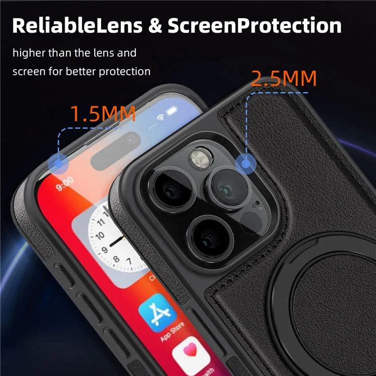 For iPhone 16 Pro Magnetic Case Rotate Ring Kickstand PU Leather+PC+TPU Back Cover
