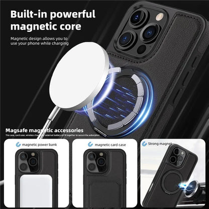 For iPhone 16 Pro Magnetic Case Rotate Ring Kickstand PU Leather+PC+TPU Back Cover