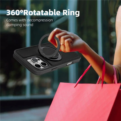 For iPhone 16 Pro Magnetic Case Rotate Ring Kickstand PU Leather+PC+TPU Back Cover