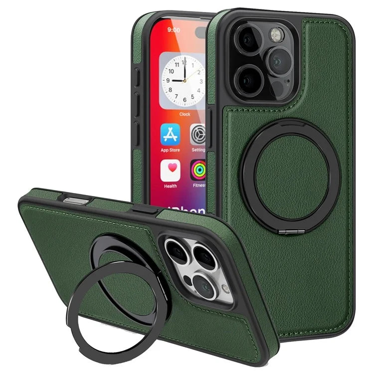 For iPhone 16 Pro Magnetic Case Rotate Ring Kickstand PU Leather+PC+TPU Back Cover