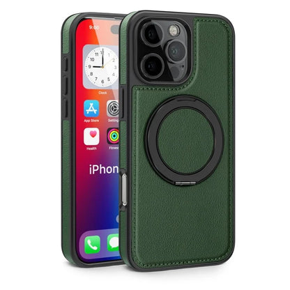 For iPhone 16 Pro Magnetic Case Rotate Ring Kickstand PU Leather+PC+TPU Back Cover