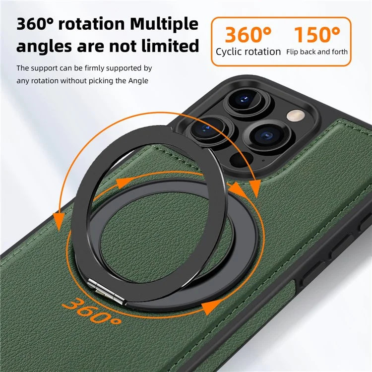 For iPhone 16 Pro Magnetic Case Rotate Ring Kickstand PU Leather+PC+TPU Back Cover