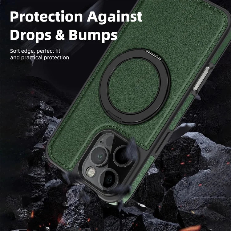 For iPhone 16 Pro Magnetic Case Rotate Ring Kickstand PU Leather+PC+TPU Back Cover