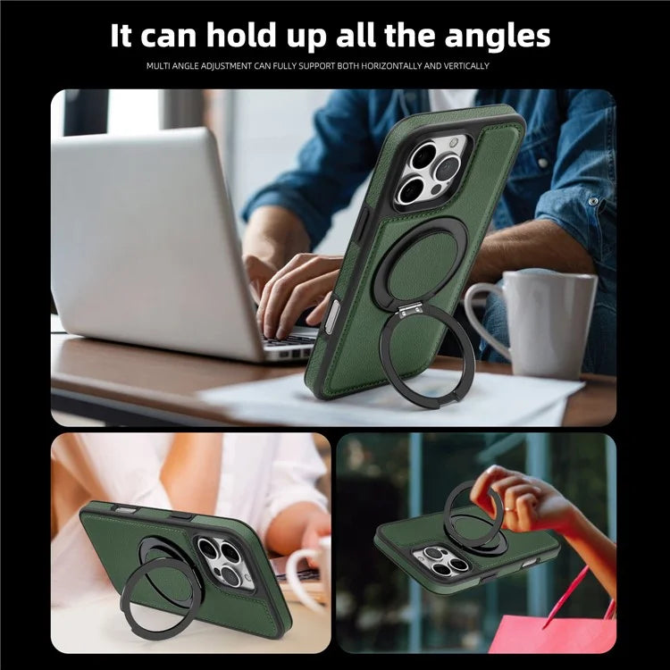 For iPhone 16 Pro Magnetic Case Rotate Ring Kickstand PU Leather+PC+TPU Back Cover