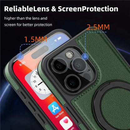 For iPhone 16 Pro Magnetic Case Rotate Ring Kickstand PU Leather+PC+TPU Back Cover