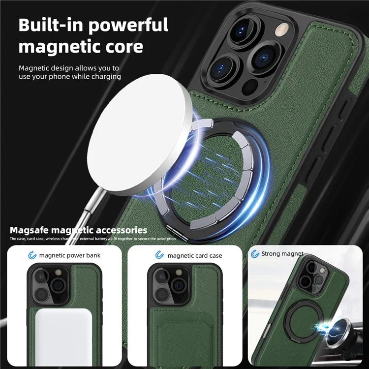 For iPhone 16 Pro Magnetic Case Rotate Ring Kickstand PU Leather+PC+TPU Back Cover