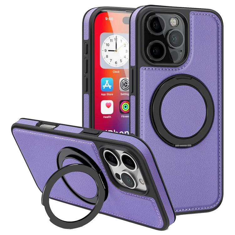 For iPhone 16 Pro Magnetic Case Rotate Ring Kickstand PU Leather+PC+TPU Back Cover