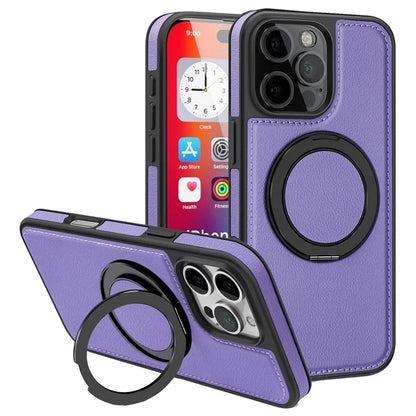For iPhone 16 Pro Magnetic Case Rotate Ring Kickstand PU Leather+PC+TPU Back Cover