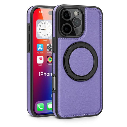 For iPhone 16 Pro Magnetic Case Rotate Ring Kickstand PU Leather+PC+TPU Back Cover