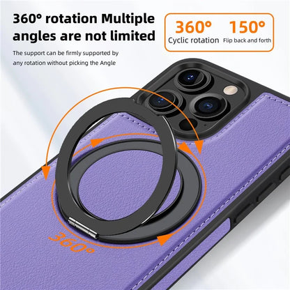 For iPhone 16 Pro Magnetic Case Rotate Ring Kickstand PU Leather+PC+TPU Back Cover