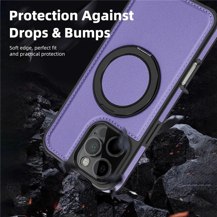 For iPhone 16 Pro Magnetic Case Rotate Ring Kickstand PU Leather+PC+TPU Back Cover