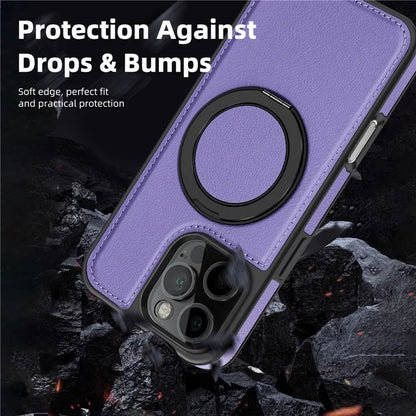 For iPhone 16 Pro Magnetic Case Rotate Ring Kickstand PU Leather+PC+TPU Back Cover